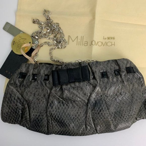 Milla Jovovich Faux Snake Clutch Handbag Chain Zip Pocket Kiss Lock Dust Bag NEW